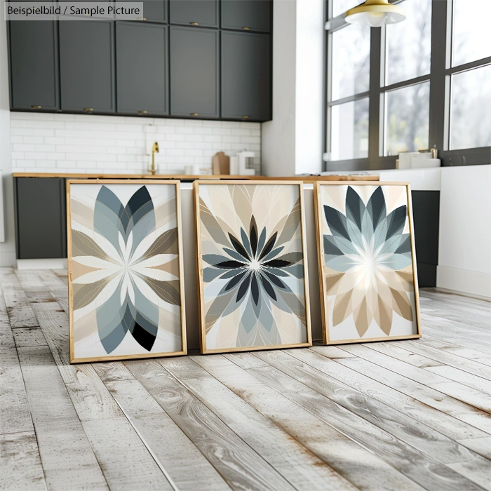 Three framed geometric flower artworks on wooden floor in modern kitchen with dark cabinets and large windows.