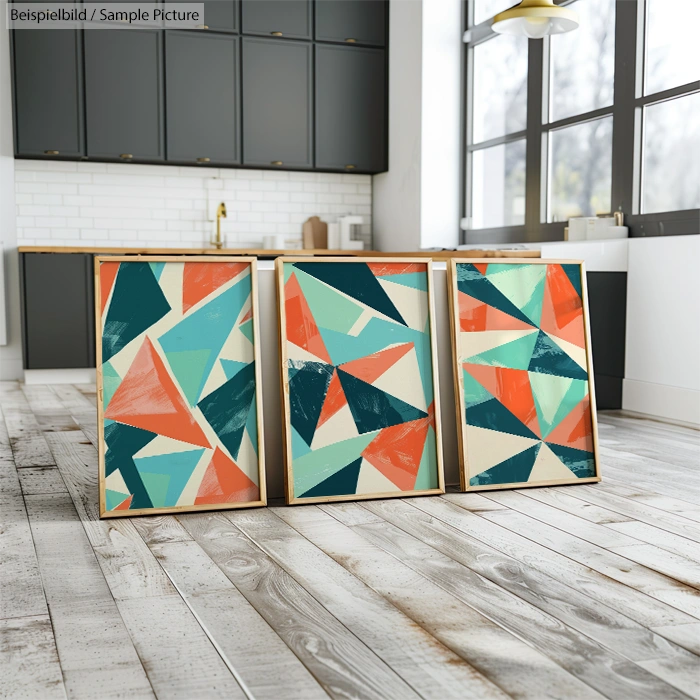 Three abstract geometric paintings with turquoise, orange, and white triangles, displayed in a modern kitchen.