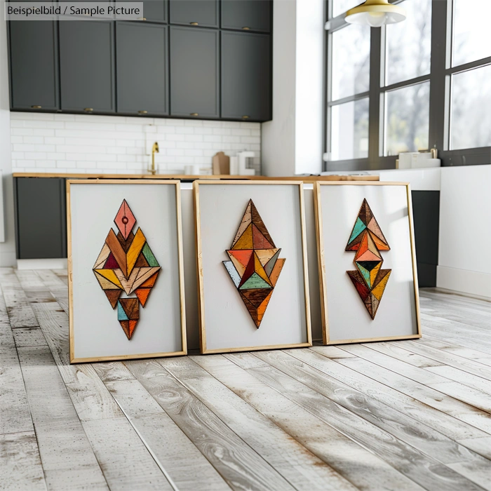 Three framed geometric artworks with colorful shapes on a wooden floor in a modern kitchen setting.