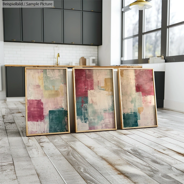 Triptych of abstract paintings with pink, teal, and beige blocks on floor in modern kitchen with dark cabinets.