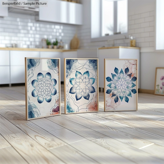 Three framed abstract floral artworks on wooden floor in a modern kitchen with white cabinets and natural light.