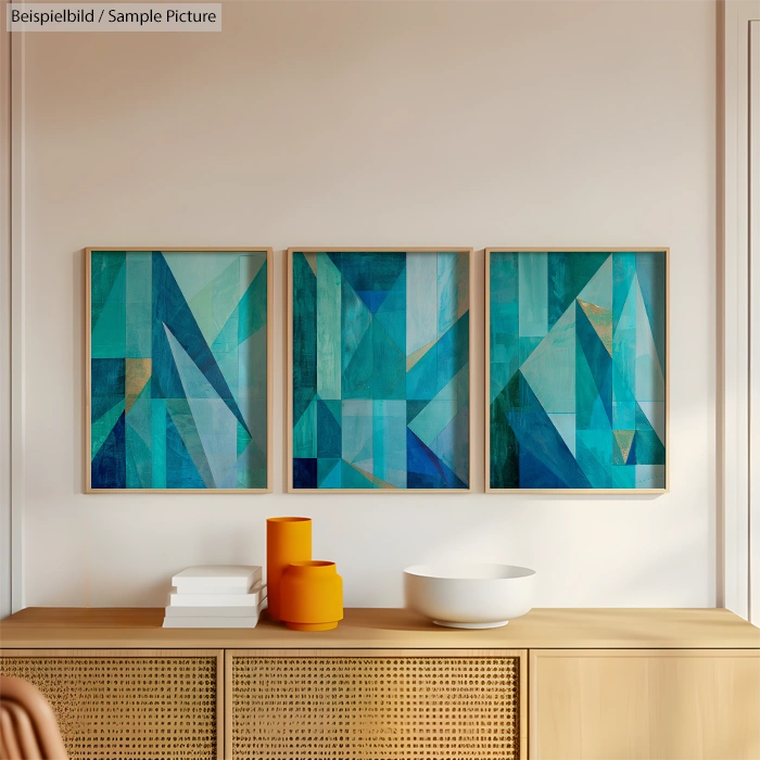 Triptych artwork with geometric turquoise patterns on a beige wall, above a wooden cabinet with orange and white decor.