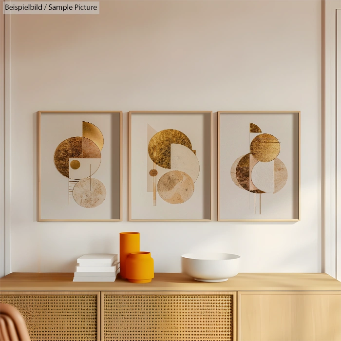 Set of three framed abstract art pieces with circular designs in gold and beige tones hanging on a white wall.