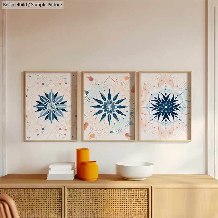 Three framed geometric art pieces on a wall above a wooden sideboard with decorative items.