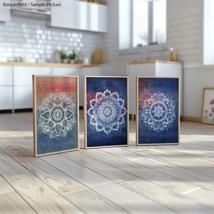 Three framed mandala artworks in a modern kitchen interior with wooden floor and white cabinets.