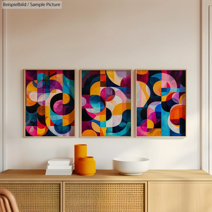 Triptych of abstract geometric paintings in vibrant colors on a white wall above a wooden sideboard.