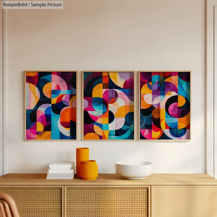 Modern living room with three colorful abstract paintings and decorative objects on a wooden cabinet.