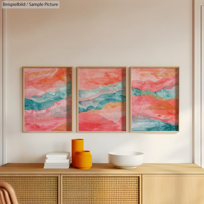 Colorful abstract triptych with pink, orange, and teal hues on a white wall above a wooden sideboard with decor.