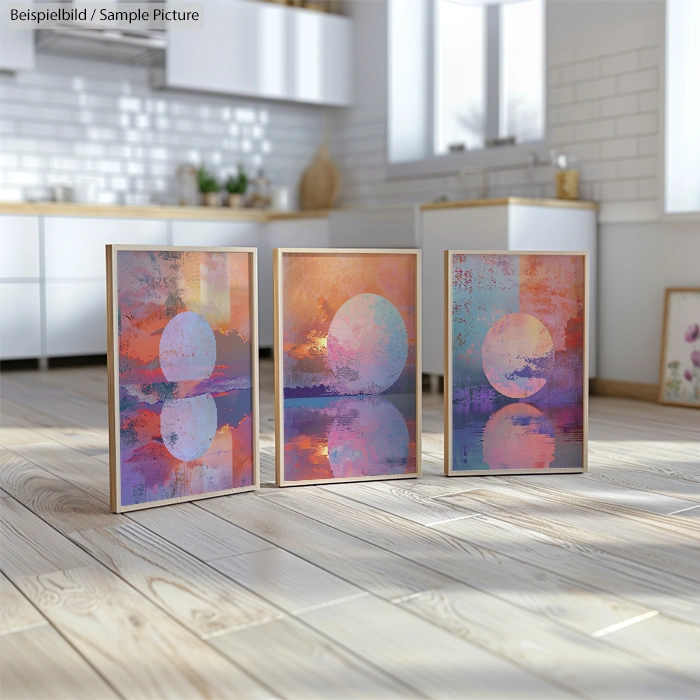 Three abstract paintings of a circular motif with colorful, textured backgrounds in a bright, modern kitchen.