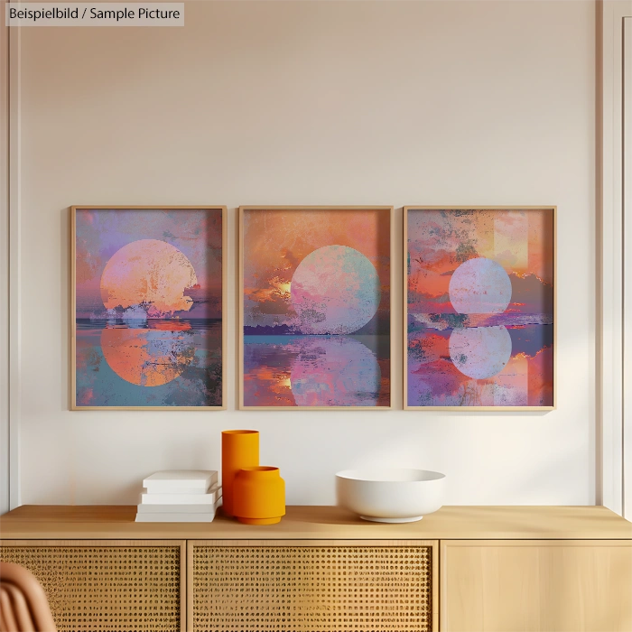 Three abstract sunset paintings with vibrant orange, pink, and purple hues on a wall above a wooden sideboard.