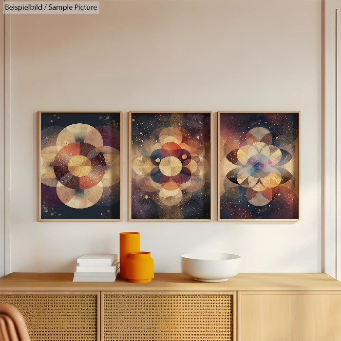 Three geometric abstract paintings with overlapping circles in a modern living room setting.