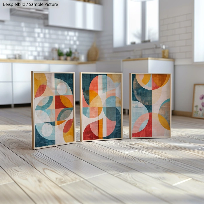 Three modern abstract paintings with colorful geometric shapes in a bright kitchen with wooden floors.