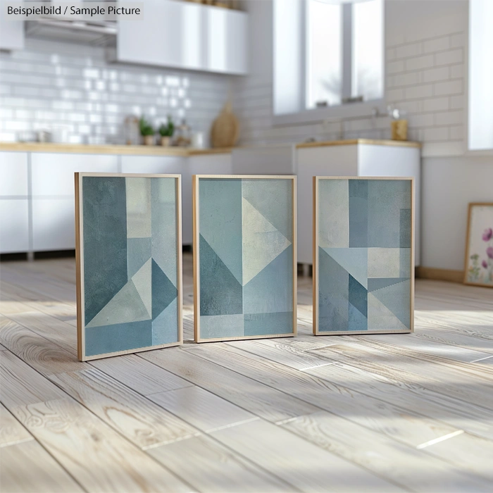 Three abstract geometric paintings in a modern kitchen with white cabinets and wooden floors.