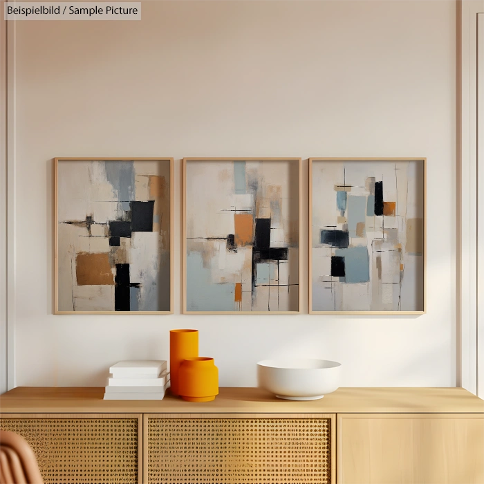 Triptych abstract paintings on wall above sideboard with vases and bowl.