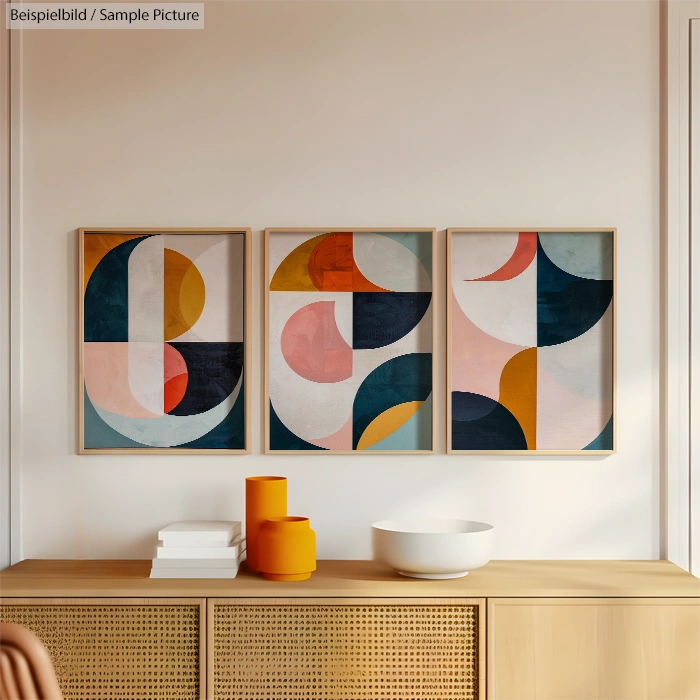 Modern interior with three abstract geometric paintings and minimalist decor on a wooden console.