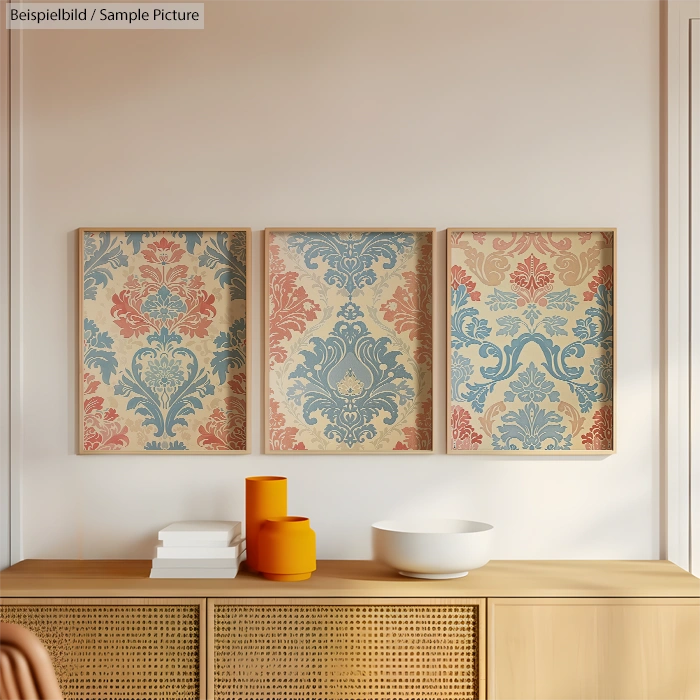 Three vintage floral patterned panels framed on a wall above a wooden console with books and orange vases.