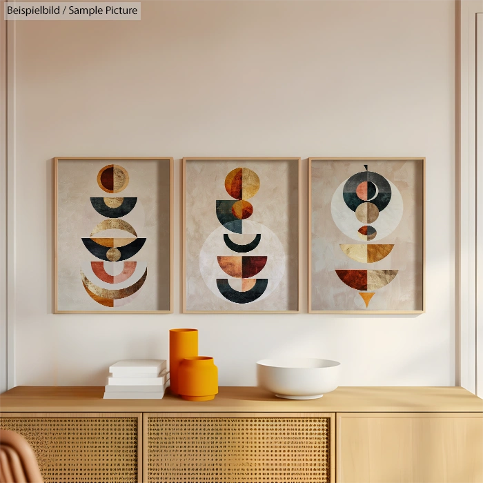 Minimalist room decor with abstract art, wooden sideboard, and orange ceramic accents.