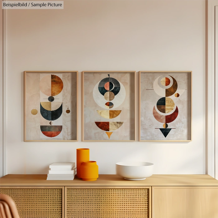 Modern abstract art prints on a wall above a wooden console with decorative vases and a bowl.