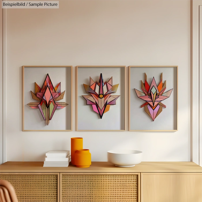 Three geometric abstract art pieces in frames above a wooden sideboard with books and orange vases.