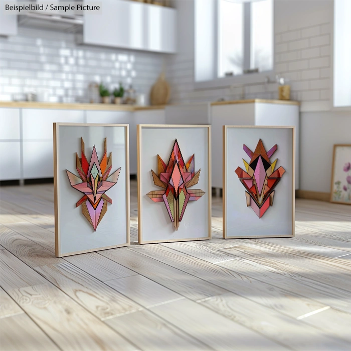 Geometric modern art pieces in wooden frames on a kitchen floor with sunlit white cabinets in background.