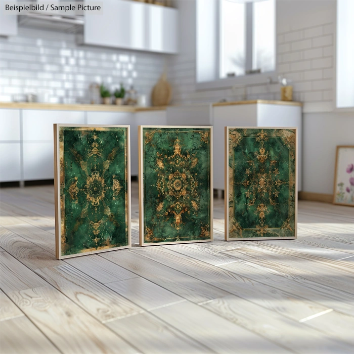 Three ornate green and gold patterns framed and displayed on a kitchen floor with white cabinets in the background.