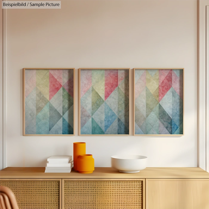 Triptych of colorful geometric paintings on a wall above a wooden sideboard with orange vases and a white bowl.