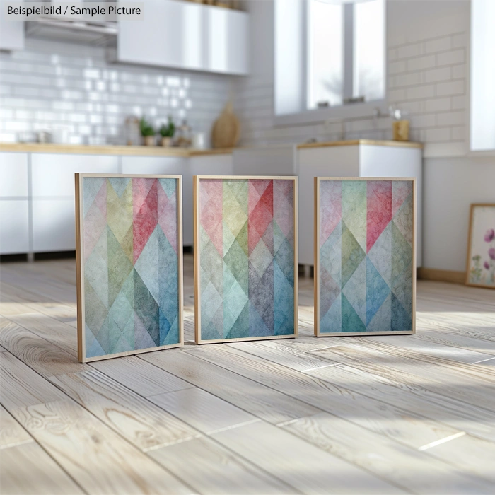 Three framed geometric abstract artworks with pastel colors in a modern kitchen setting.