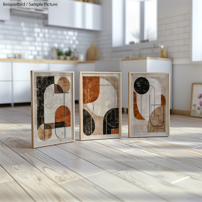 Three framed abstract artworks with geometric shapes in brown, black, and white, displayed on a kitchen floor.