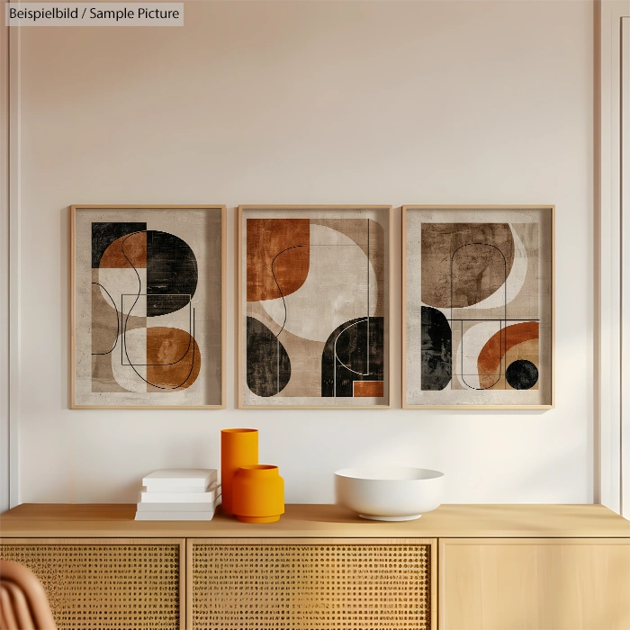 Modern living room with abstract art triptych, wooden sideboard, and minimalist decor items.