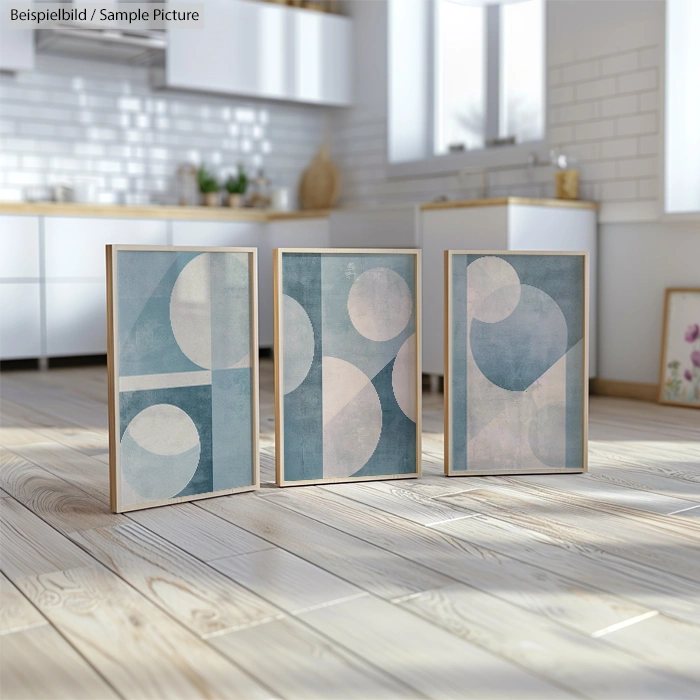 Three framed abstract art pieces with geometric shapes in blue and white, placed on a wooden floor in a bright kitchen.