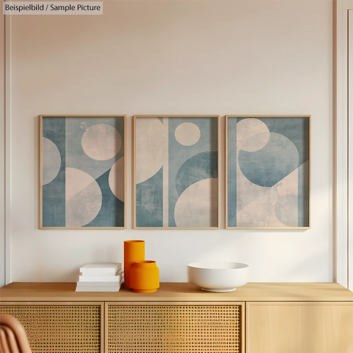 Minimalistic art prints with geometric patterns of circles and arcs in blue and beige, above a wooden sideboard.