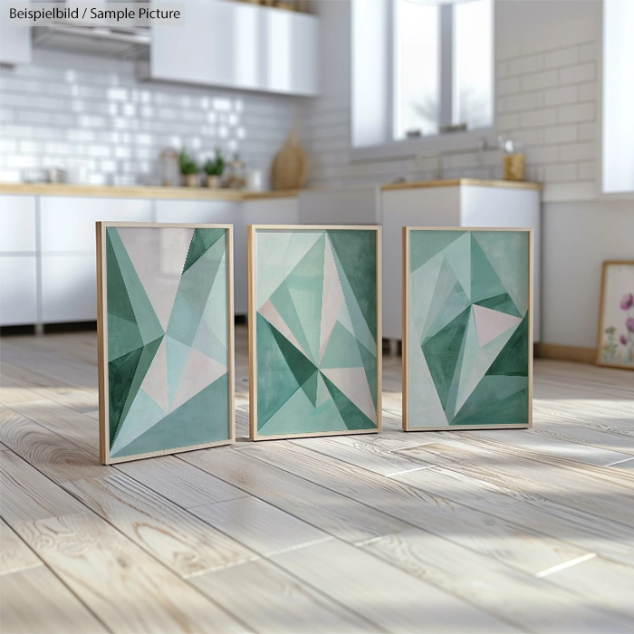 Trio of framed geometric abstract prints in a sunlit modern kitchen.