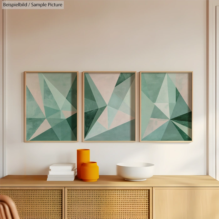 Geometric artwork trio with teal and white designs above a minimalist console with decor items.