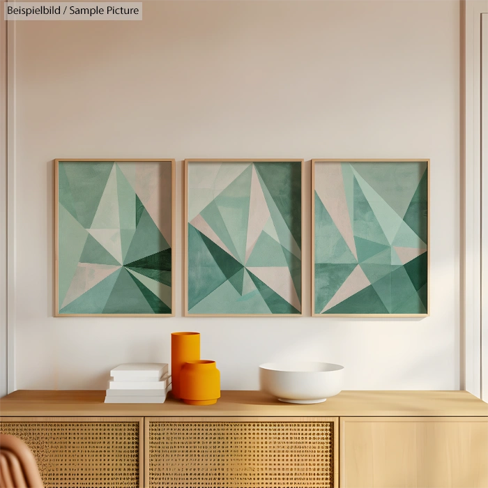 Triptych of geometric teal artwork above a wooden sideboard with decorative items in a minimalistic room.