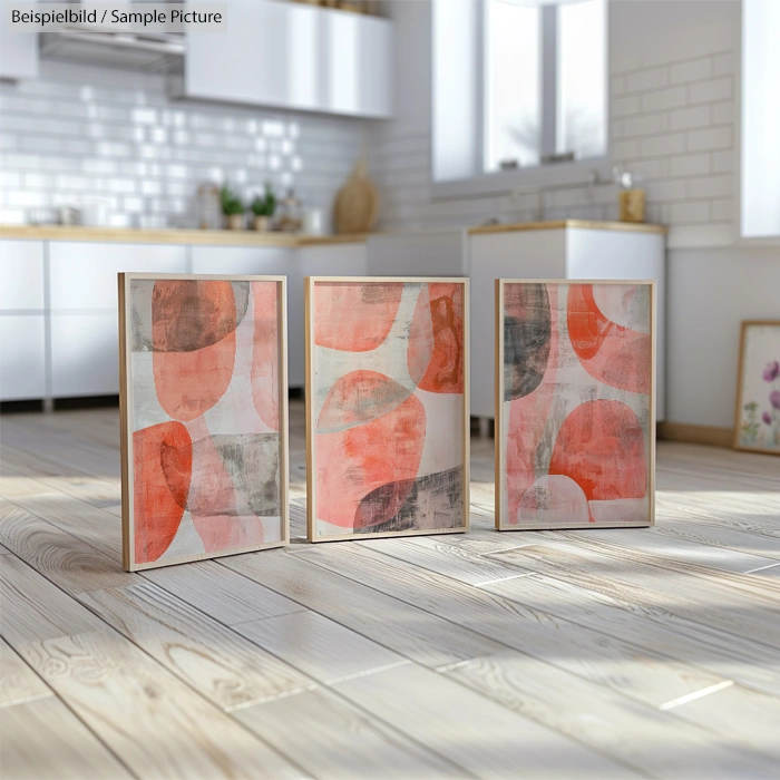 Three framed abstract paintings with red and gray shapes, displayed on wooden floor in a modern kitchen setting.