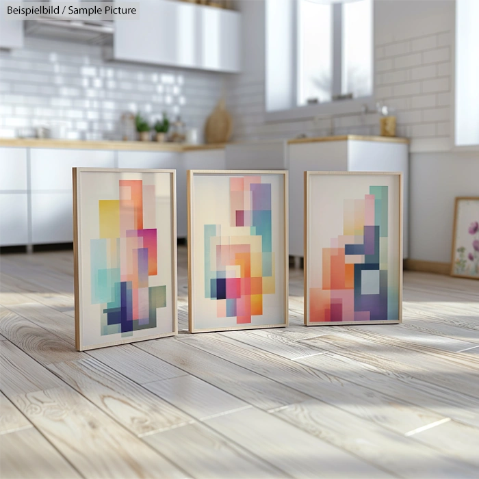 Three abstract pixel art paintings with vibrant colors on wooden floor in modern kitchen setting.