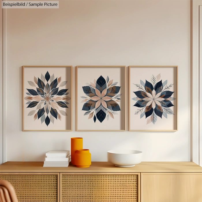 Three framed leaf pattern artworks on wall above wooden sideboard with books and two vases.