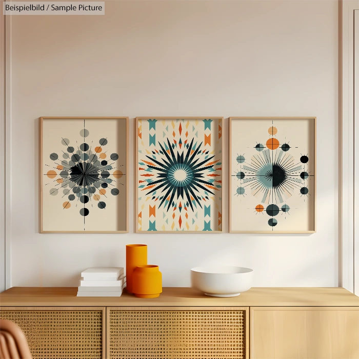 Modern geometric wall art with bold shapes and patterns in warm colors above a wooden sideboard.