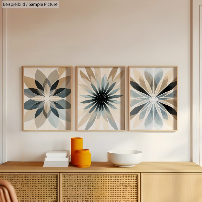 Three framed abstract artworks with geometric floral patterns in beige, blue, and gray tones on a wall above a wooden sideboard.