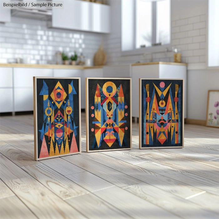 Three abstract geometric paintings with vivid colors in a modern kitchen setting.