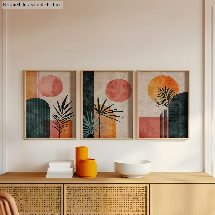 Three abstract framed artworks with geometric shapes and plant motifs on a wall above a modern wooden sideboard.