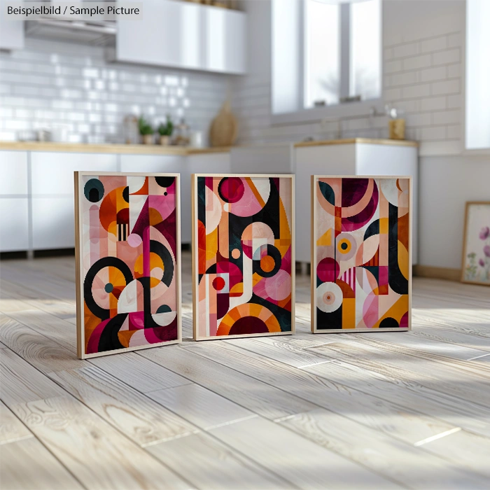 Three abstract paintings with colorful geometric patterns displayed on a wooden floor in a modern kitchen.