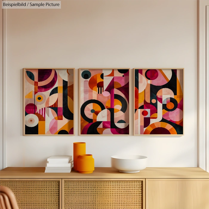 Three colorful abstract art pieces on a wall above a wooden sideboard with modern decor items.