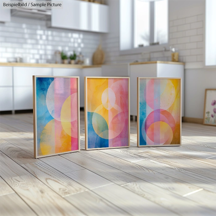 Three colorful abstract paintings with geometric circles in a bright, modern kitchen setting.