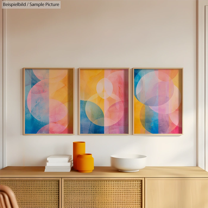 Three abstract paintings with geometric shapes and warm colors on a wall above a wooden sideboard with decor.