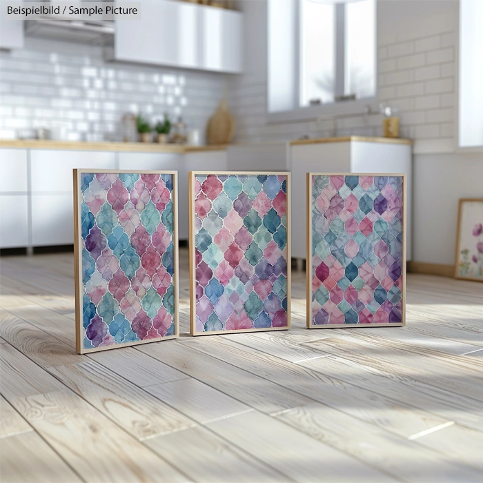 Kitchen with light wood floors, featuring three framed abstract paintings with geometric and colorful patterns.