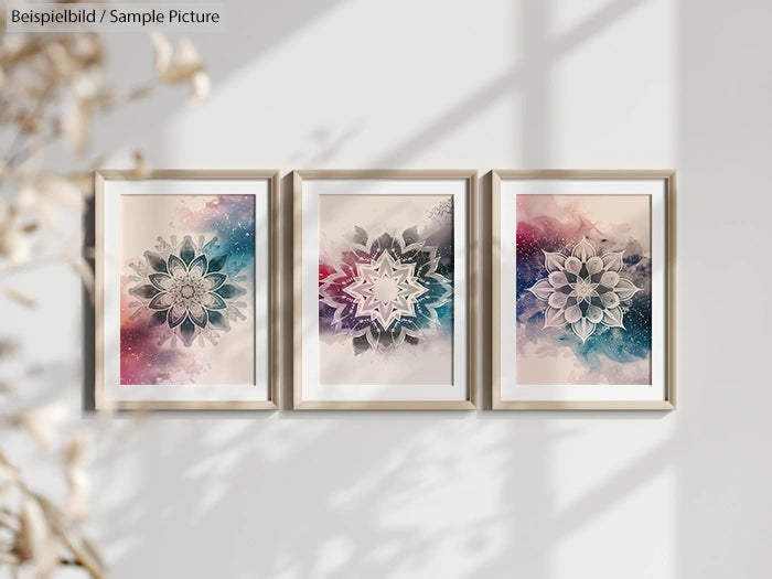 Three framed mandala artworks with pastel colors on a wall, light shadows cast from nearby plant.