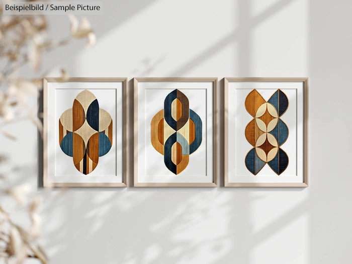 Three abstract geometric art prints framed on a wall with brown and blue patterns, accompanied by natural shadows.