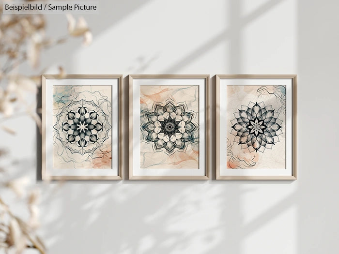 Three framed mandala art prints on a wall with subtle floral designs in black over a beige and peach watercolor background.