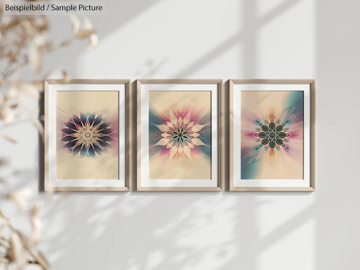 Triptych of geometric abstract art in frames, featuring vibrant flower-like patterns on a neutral background.